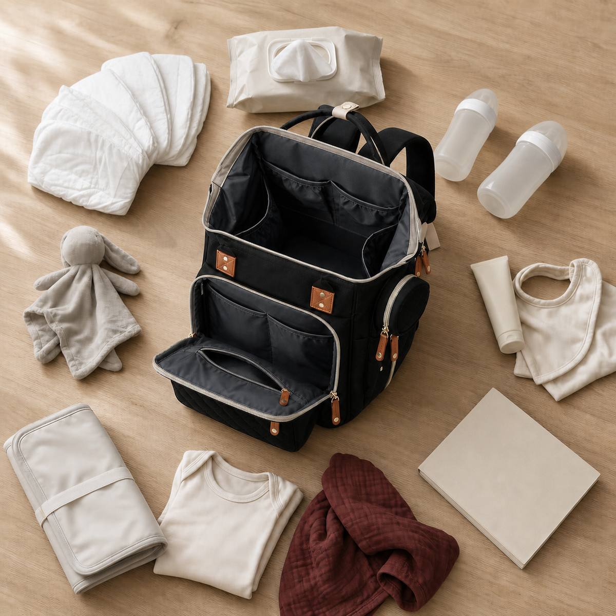 Sac à dos à langer noir et tout ce qu’il contient pour une journée | NOLIERA