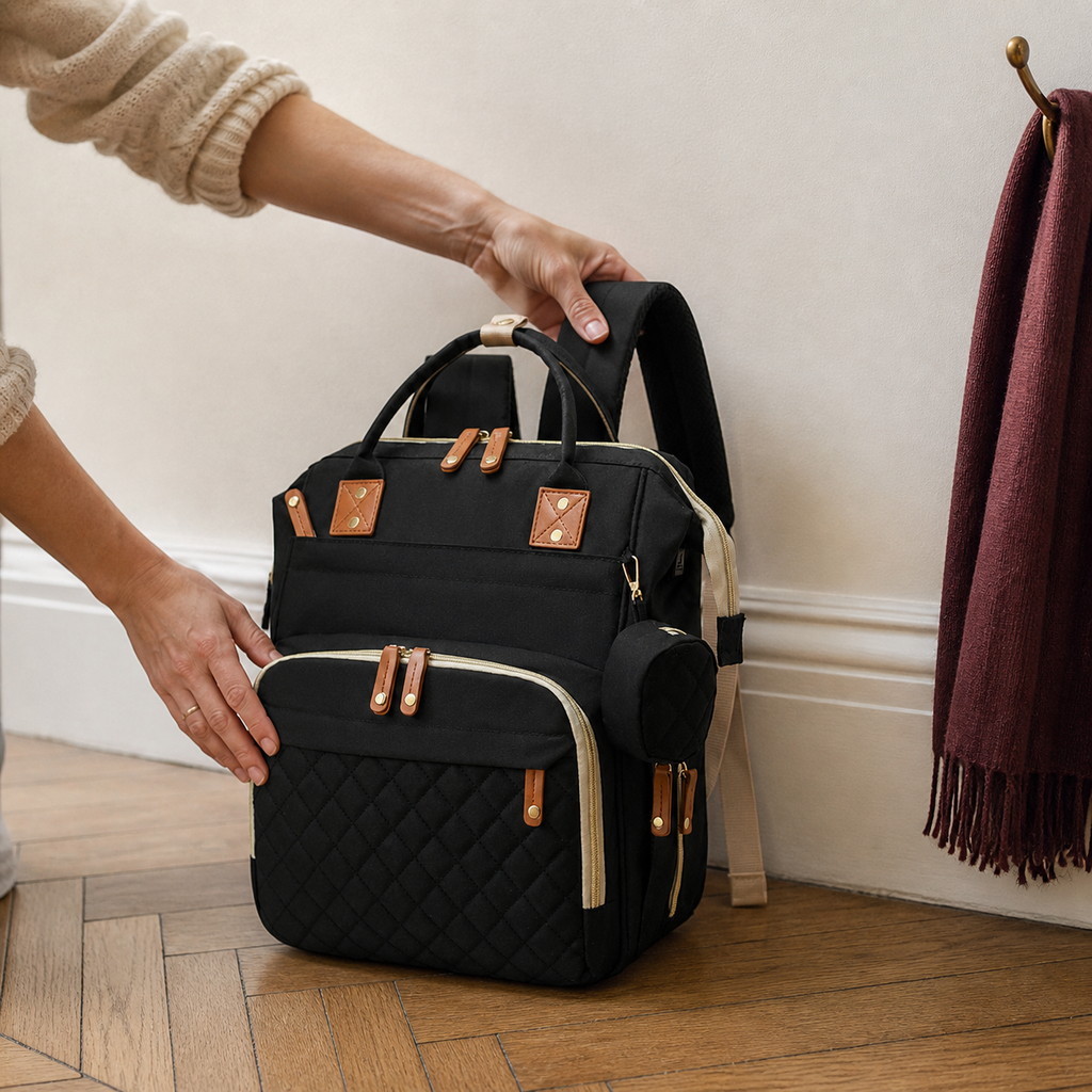 Sac à dos à langer noir posé dans une entrée | NOLIERA