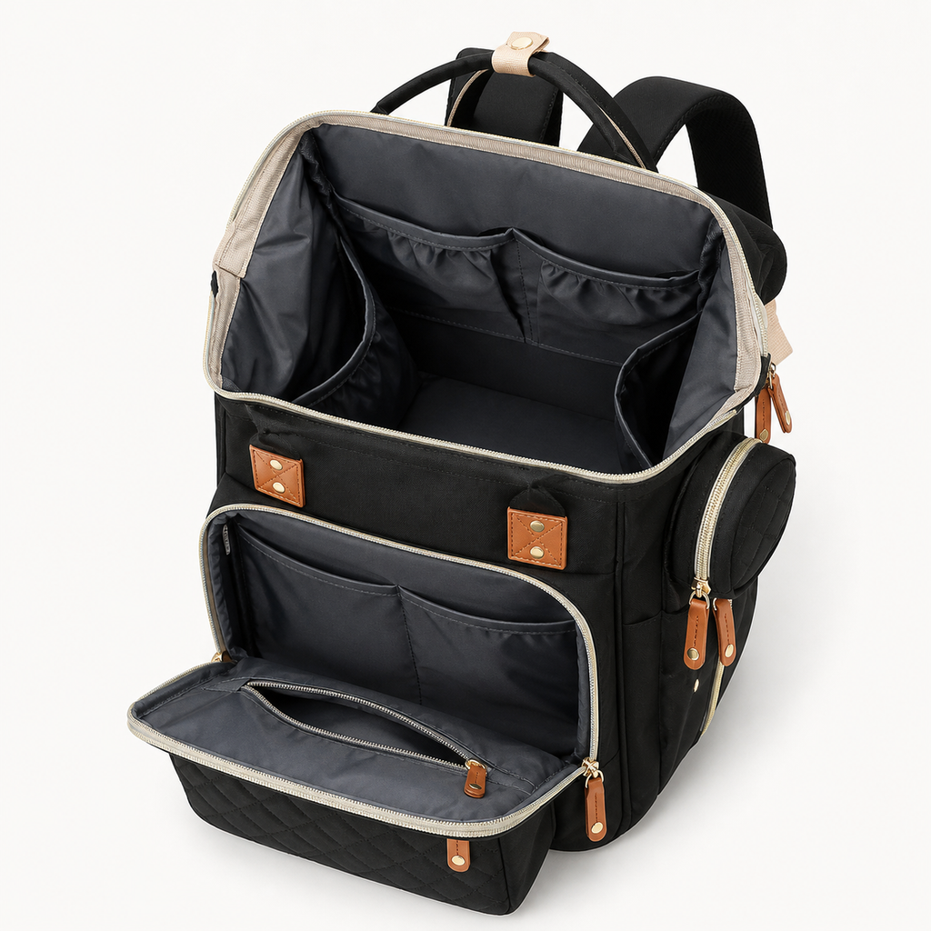 Intérieur du sac à dos à langer noir ouvert, rangements | NOLIERA