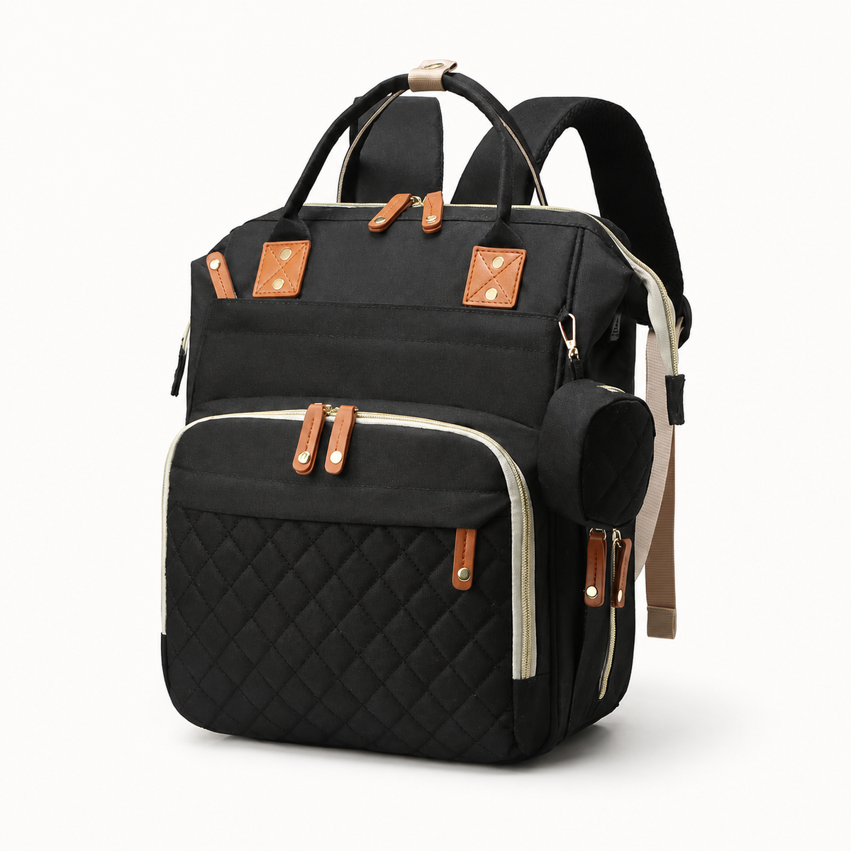 Sac à dos à langer noir en nylon matelassé, vue studio fond blanc | NOLIERA