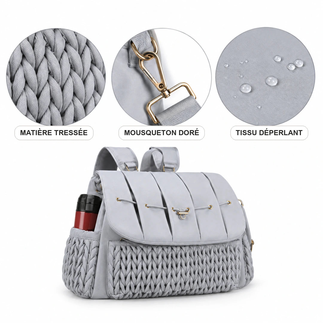 Détails du sac à dos à langer tressé gris : matière, mousqueton et tissu déperlant | NOLIERA
