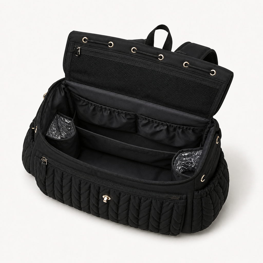 Intérieur du sac à dos à langer tressé noir ouvert, rangements | NOLIERA