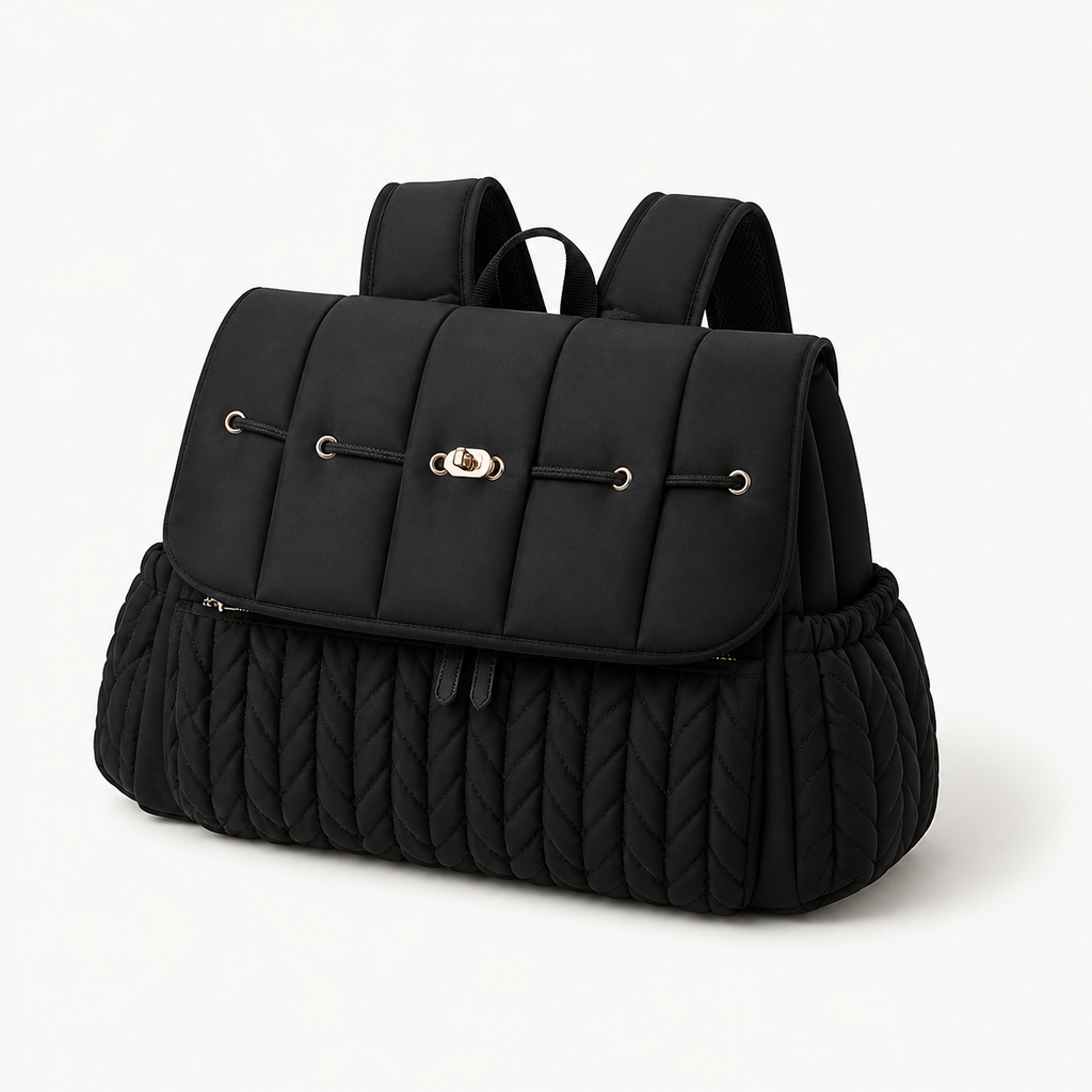 Sac à dos à langer tressé noir en polyester déperlant, vue studio fond blanc | NOLIERA
