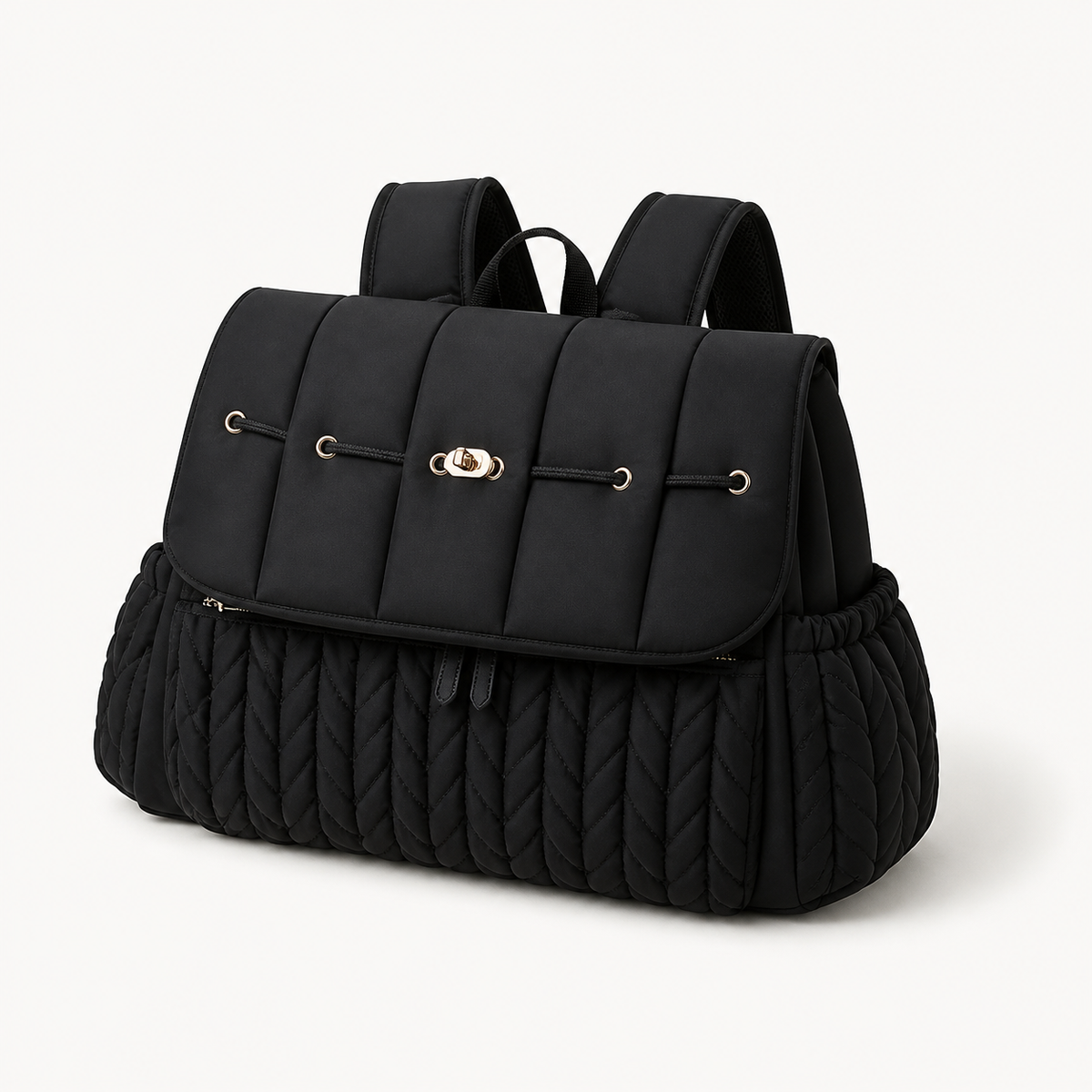Sac à dos à langer tressé noir en polyester déperlant, vue studio fond blanc | NOLIERA