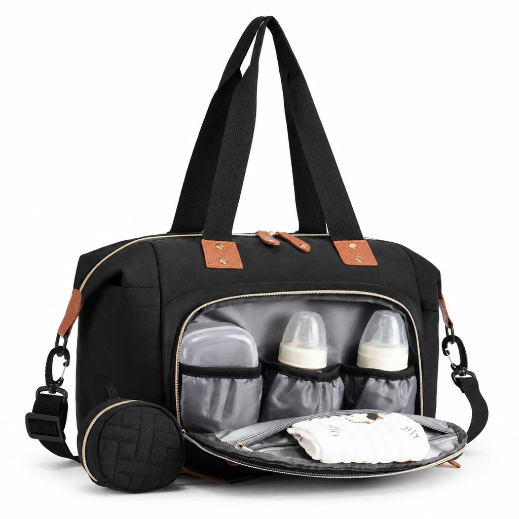 Sac à langer bandoulière noir avec compartiment isotherme pour trois biberons | NOLIERA