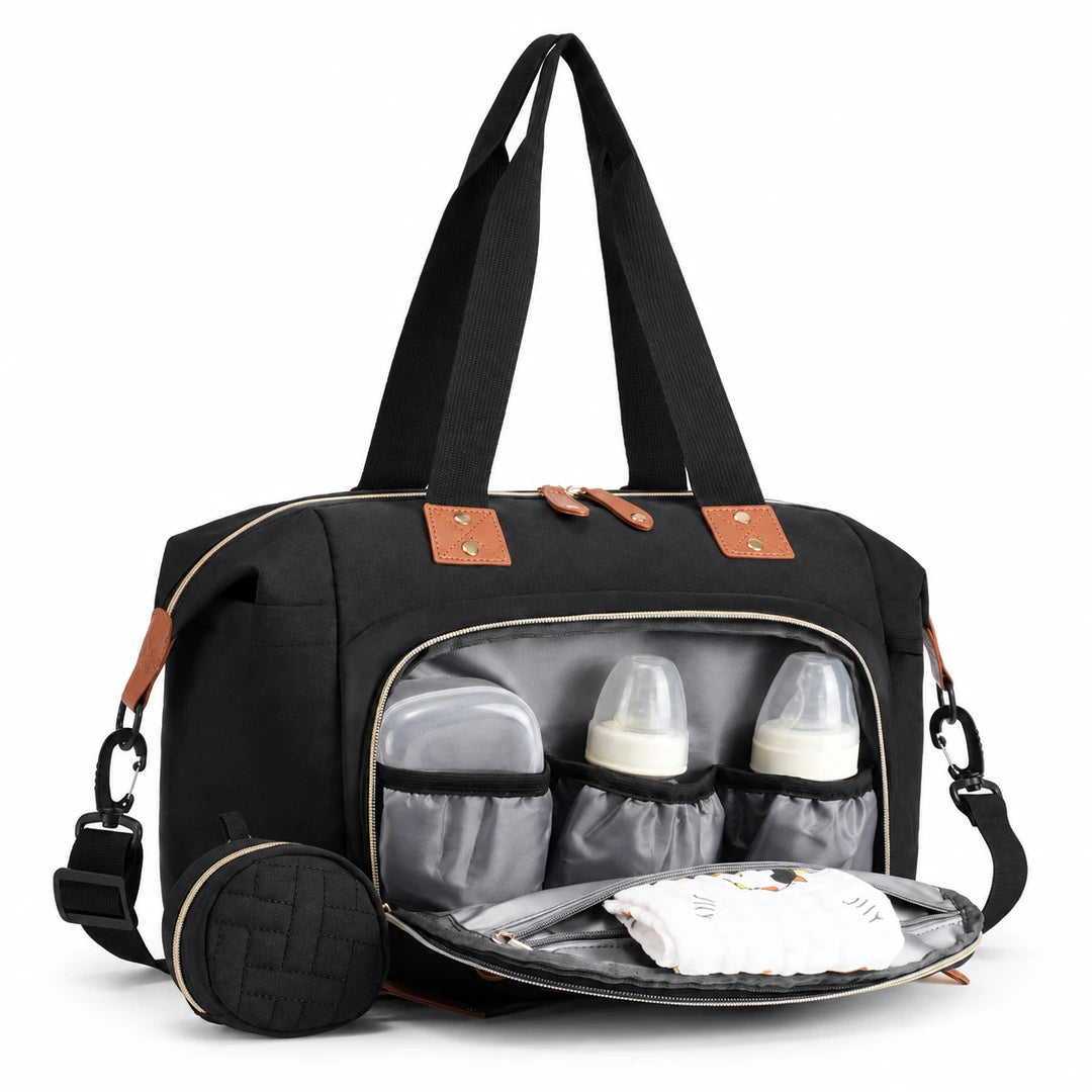 Sac à langer bandoulière noir avec compartiment isotherme pour trois biberons | NOLIERA