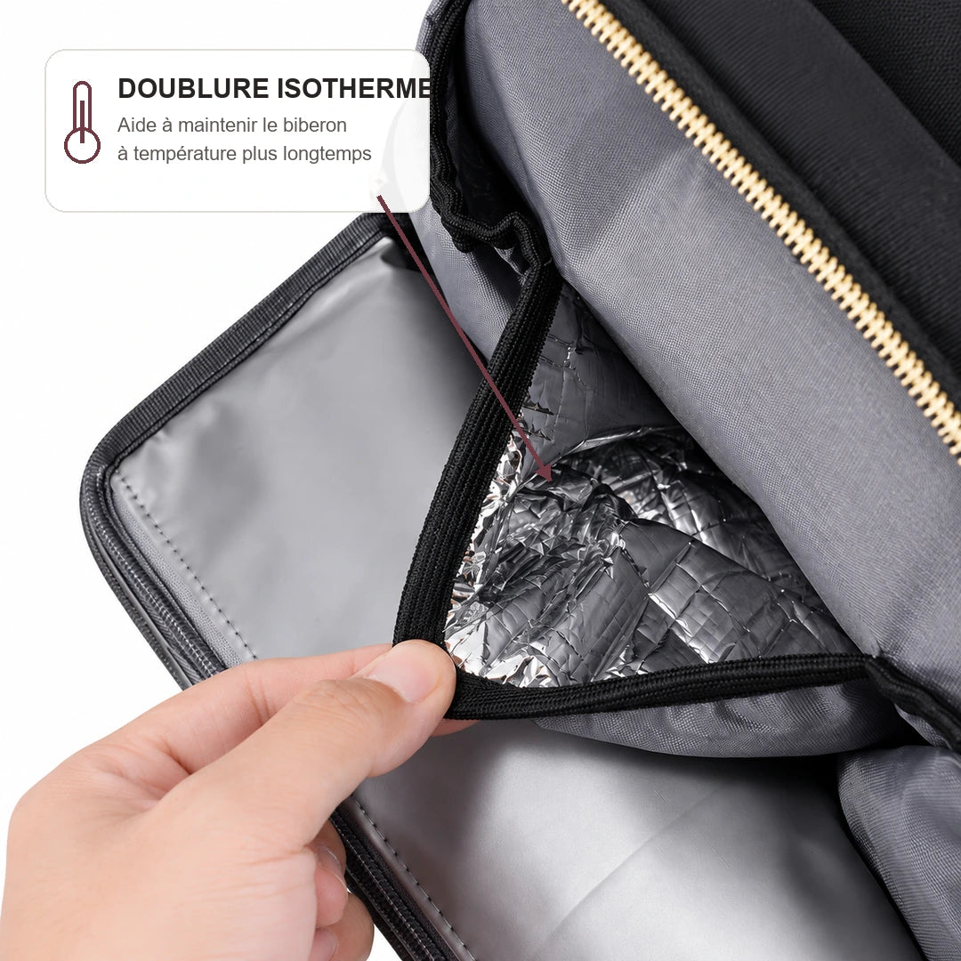 Doublure isotherme en aluminium du sac à langer bandoulière noir | NOLIERA