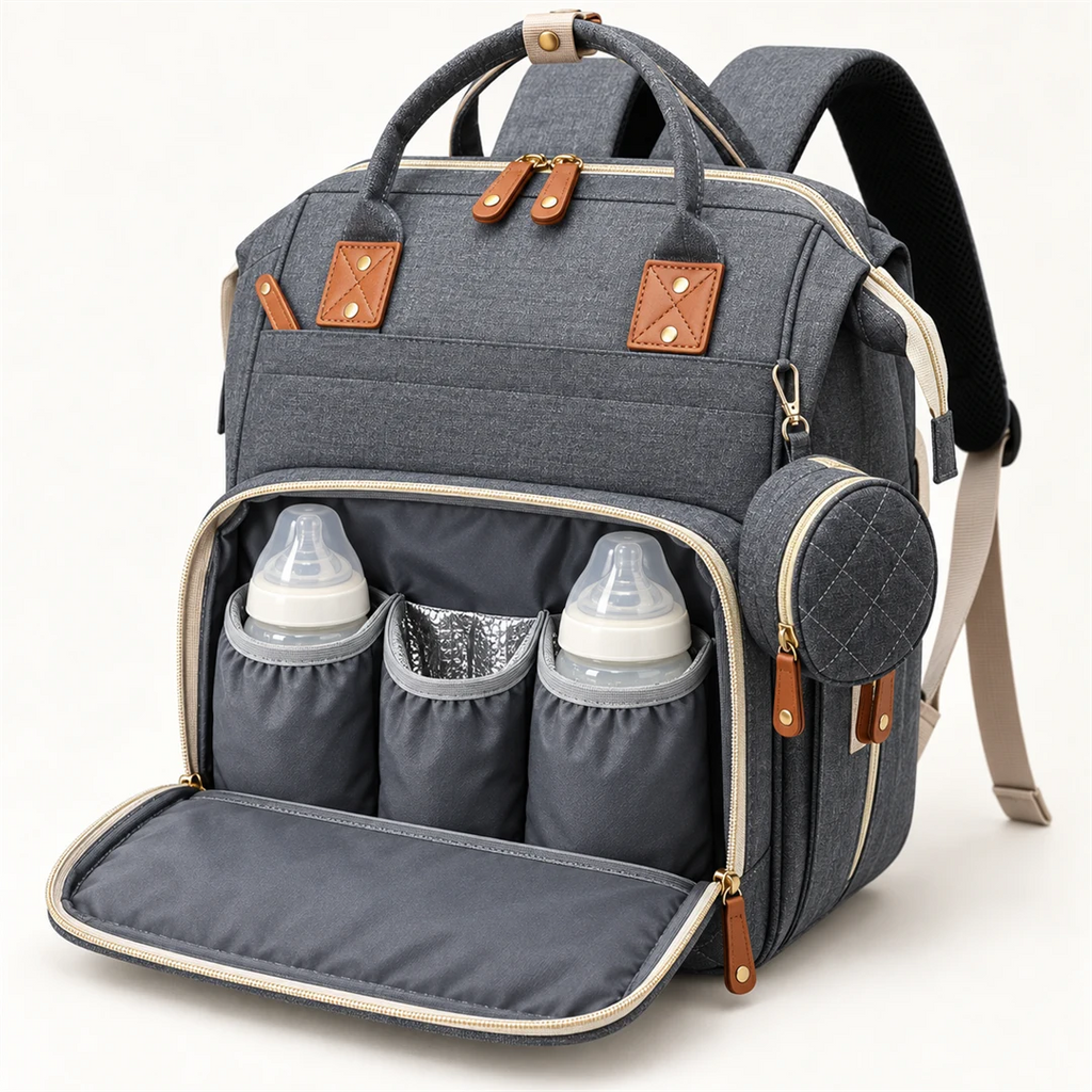 Compartiment isotherme du sac à langer gris NOLIERA avec trois porte-biberons