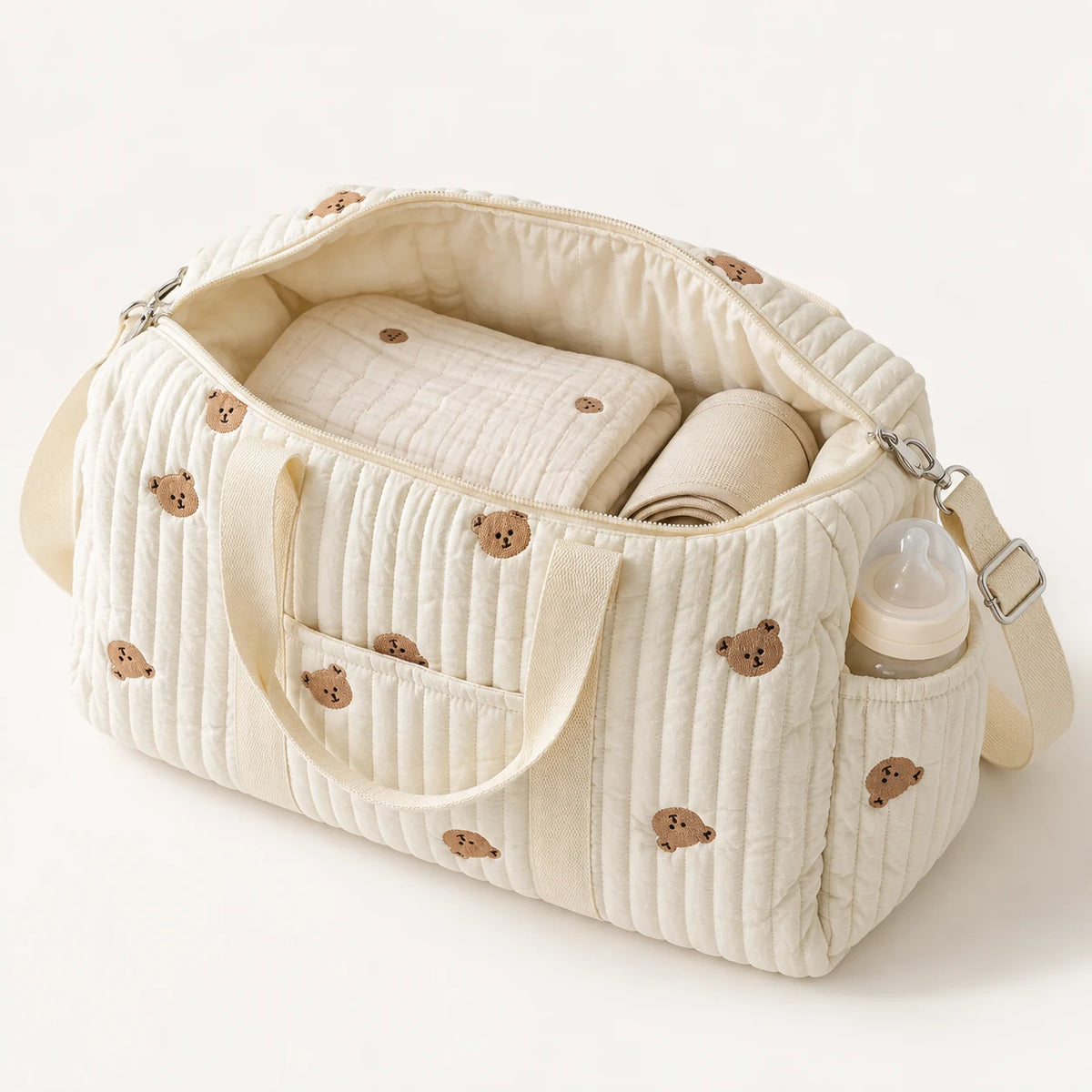 Intérieur du sac de maternité matelassé ouvert, zip sur toute la longueur