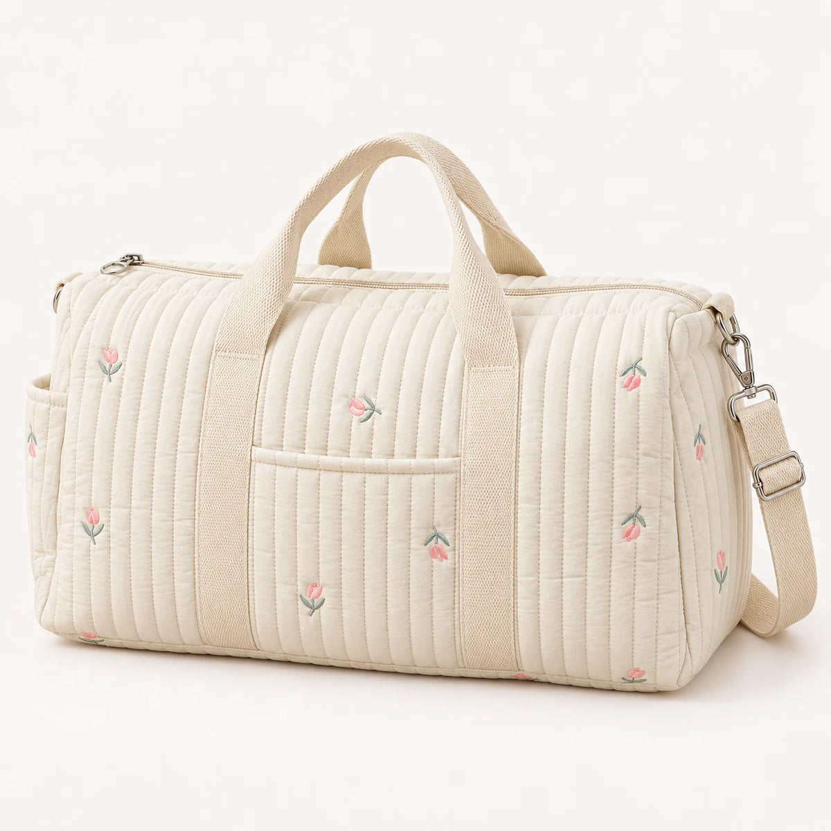 Sac de maternité matelassé écru brodé de tulipes roses, vue de trois quarts